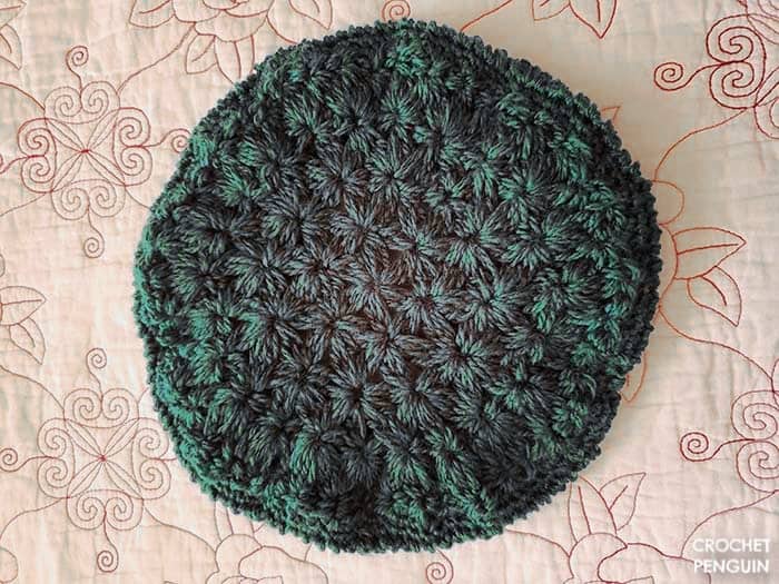 Starburst Beret crochted by me in forest green yarn. Pattern by Brittany of BHooked Crochet.